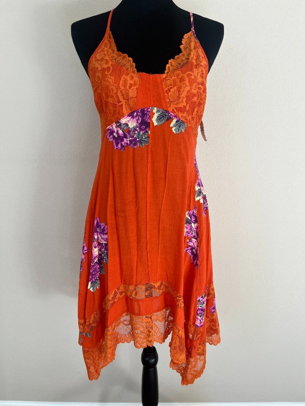 Free People Spaghetti Strap Lace Detail Dress - Size XS - Orange Purple